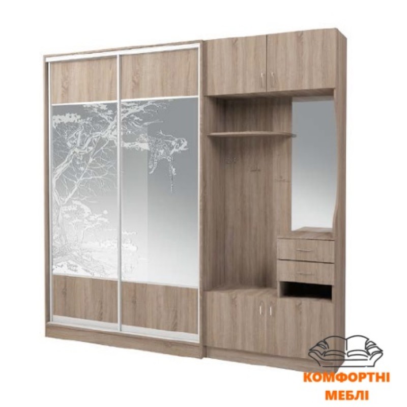 Шафа-купе 1400 ДСП + дзеркало срібло з художнім матуванням №2-246 Київський Стандарт