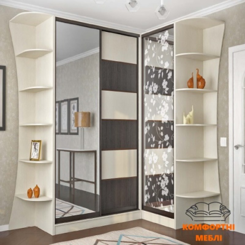Шафа-купе 1200 + 1800 (кутова) дзеркало сріблоз художнім матуванням №2-309+дзеркало срібло + ДСП дуб молочни/ДСПвенге темний Київський Стандарт