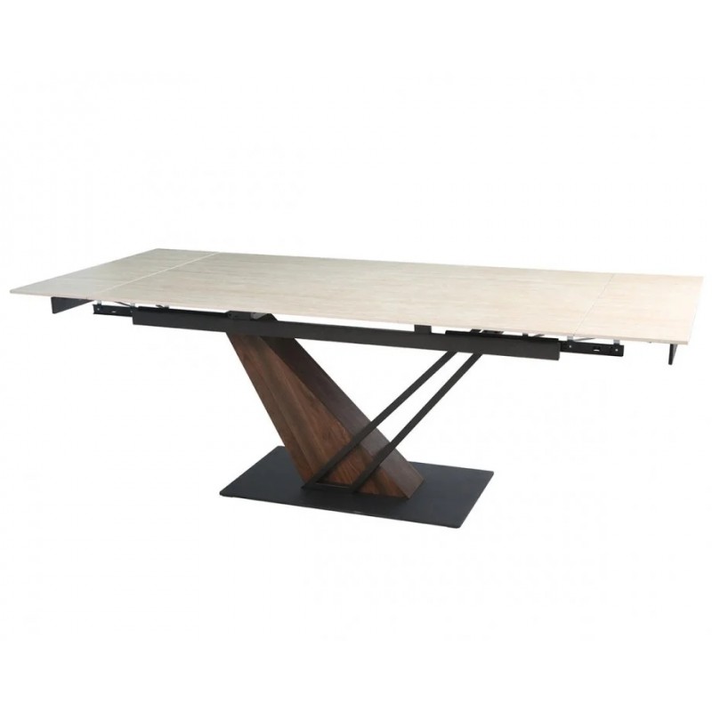Стіл FERNANDO CERAMIC 160(220)*90 травертин мат/темний горіх Intarsio