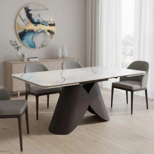 Стіл обідній розкладний AGNES CERAMIC 160(240)*90 білий позолочений мат/коричневий Intarsio