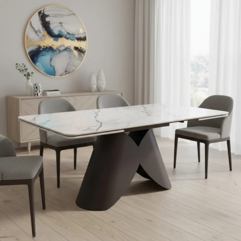 Стіл обідній розкладний AGNES CERAMIC 160(240)*90 білий позолочений мат/коричневий Intarsio