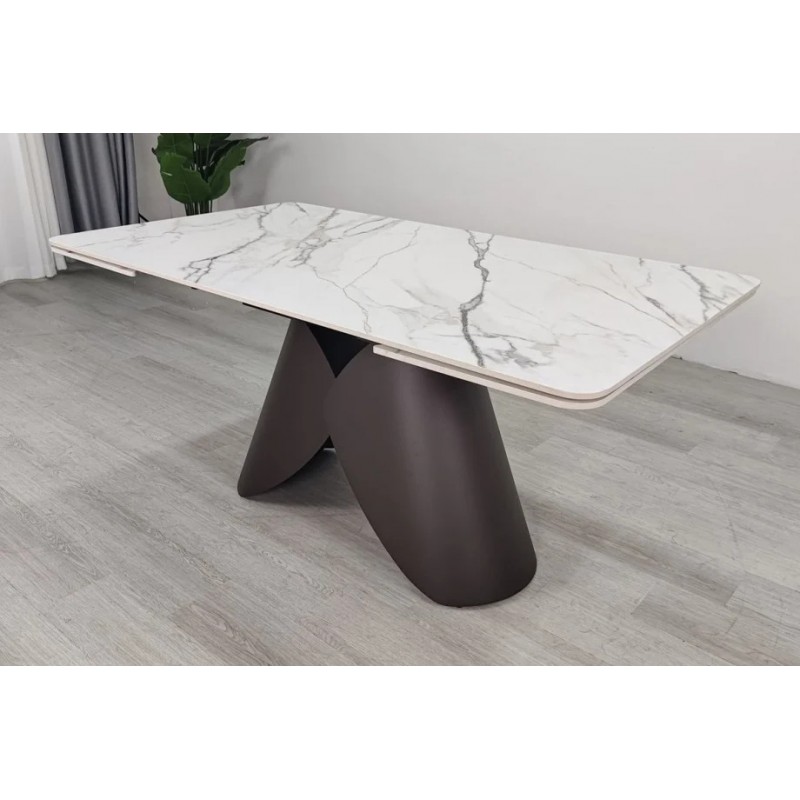 Стіл обідній розкладний AGNES CERAMIC 160(240)*90 білий позолочений мат/коричневий Intarsio