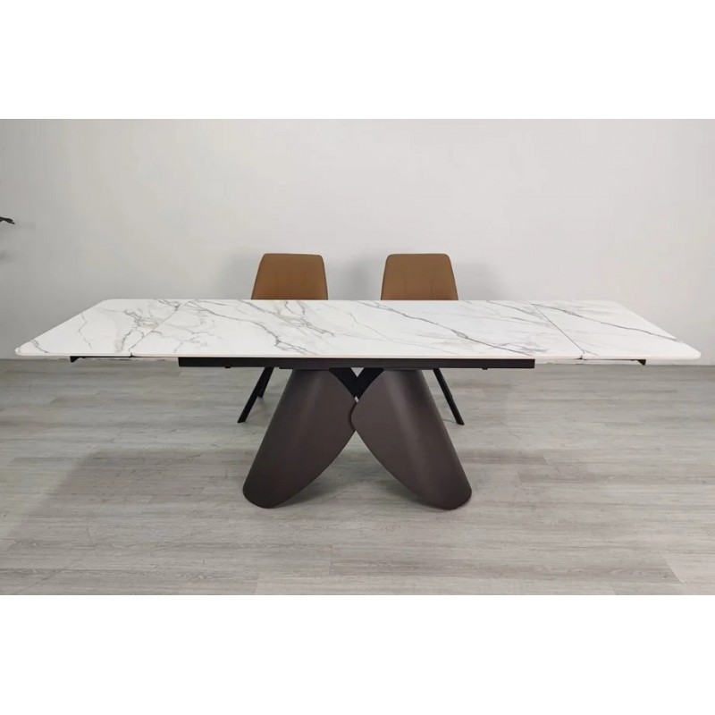 Стіл обідній розкладний AGNES CERAMIC 160(240)*90 білий позолочений мат/коричневий Intarsio