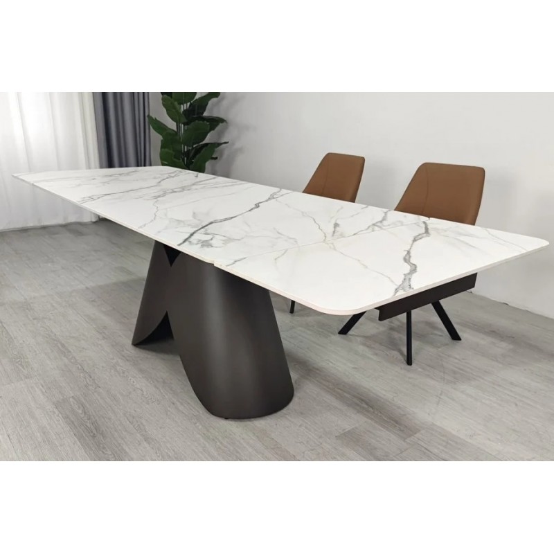 Стіл обідній розкладний AGNES CERAMIC 160(240)*90 білий позолочений мат/коричневий Intarsio