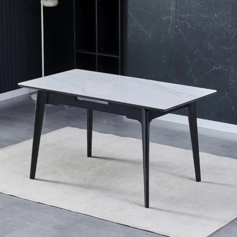 Стіл обідній розкладний BERLIN CERAMIC 111(140)*75 білий глянець / чорний каркас Intarsio