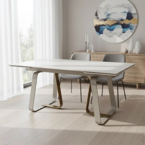 Стіл обідній розкладний BIANCO LUXE CERAMIC 160(240)*90 білий мат/білий+золото Intarsio