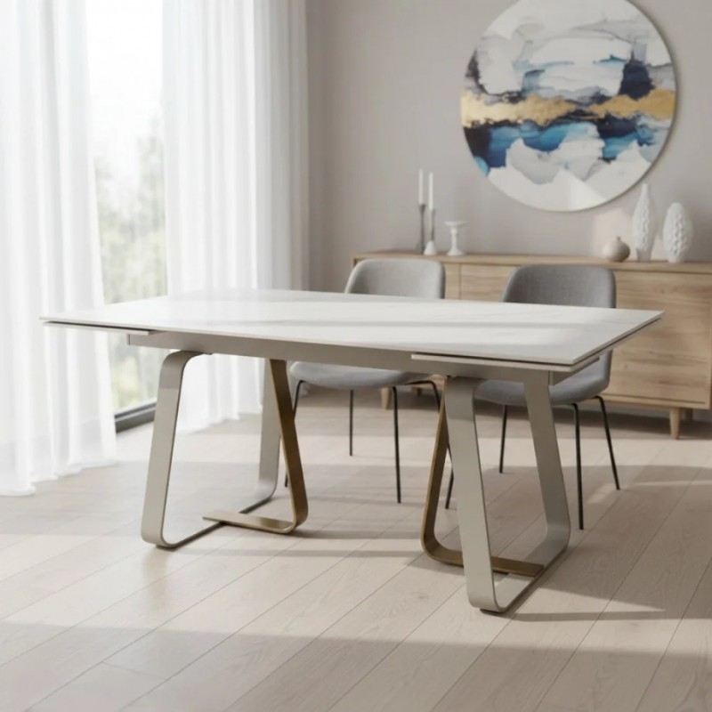 Стіл обідній розкладний BIANCO LUXE CERAMIC 160(240)*90 білий мат/білий+золото Intarsio