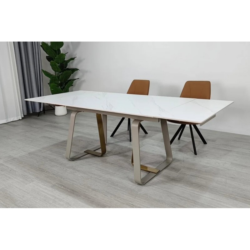 Стіл обідній розкладний BIANCO LUXE CERAMIC 160(240)*90 білий мат/білий+золото Intarsio