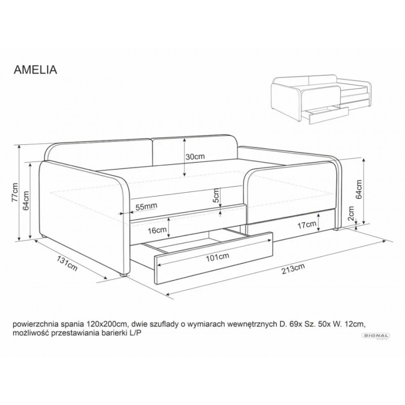 Ліжко односпальне м'яке Amelia Raven 120×200 Бежева тканина Signal