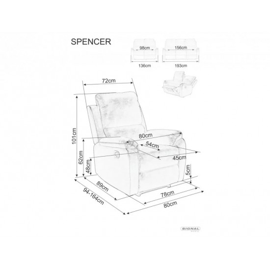 Крісло-реклайнер розкладне SPENCER 1 VELVET капучіно BL.38 SPENCER1VCA Signal Крісло-реклайнер розкладне SPENCER 1 VELVET капучіно BL.38 SPENCER1VCA Signal