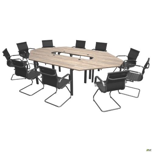 Конференц стіл 3487х1900х750Н Комплект 8. В'яз Ліберті Димчастий. Чорний графіт AMF