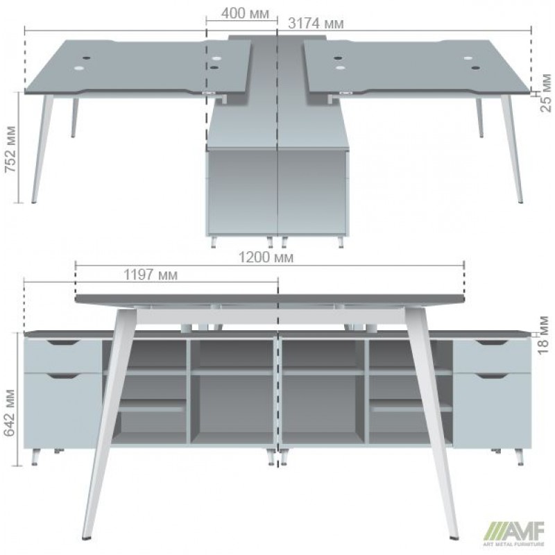 Робоча станція + USB Delta DL-108 (3180х2400х750мм) Блеквуд Ячмінний / Каркас білий / Опора білий беж AMF