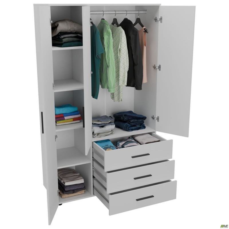 Шафа гардеробна City 3-х дверна 3 шухляди ліва (1120х500х1930Н) Білий AMF