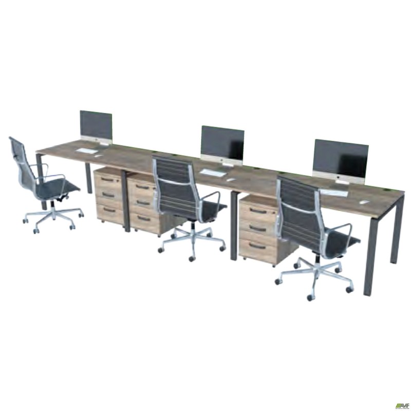 Стіл менеджера на 3 робочих місця. Комплект 16. В'яз Ліберті Димчастий. Чорний графіт AMF