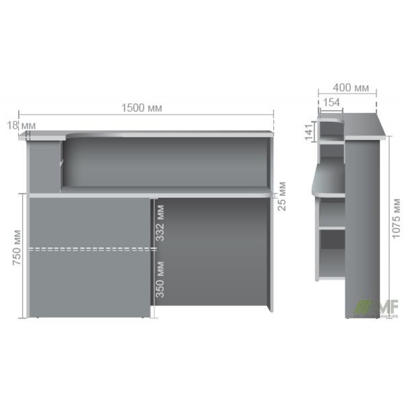 Стіл приставний до рецепції МГ-531R (400х1500х1075мм) горіх темний AMF
