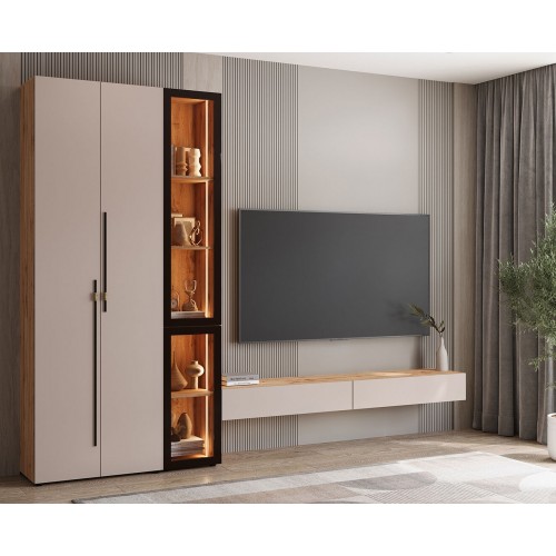 Стінка у вітальню Світ Меблів Спейс з вітриною 280 см, дуб аппалачі / кашемір