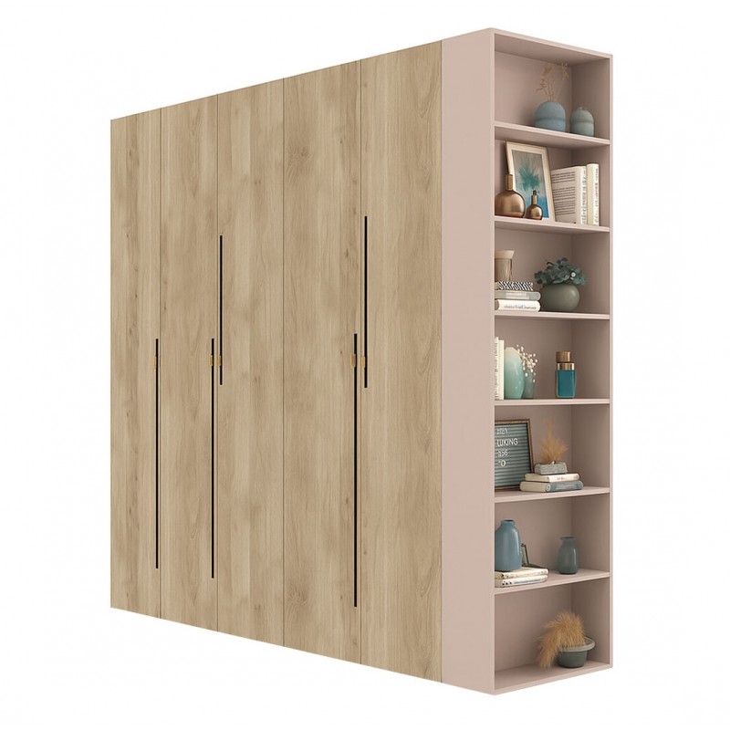 Шафа Світ Меблів Спейс п'ятидверна з боковими полицями 220х220х57 см, кашемір / дуб білий