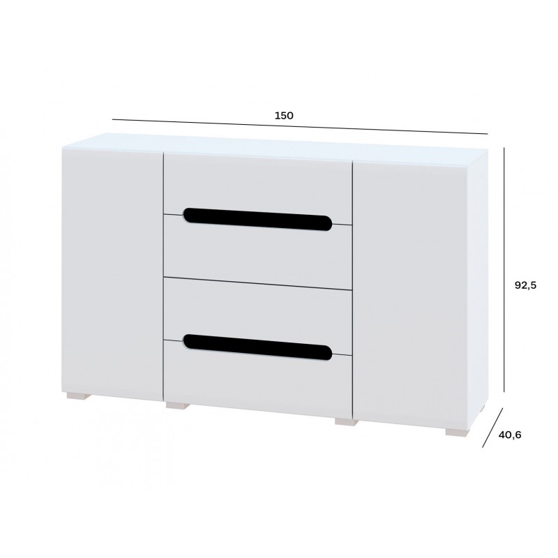 Комод Світ Меблів Бянко 2-дверний з 4 шухлядами 150 см, Білий з чорною вставкою