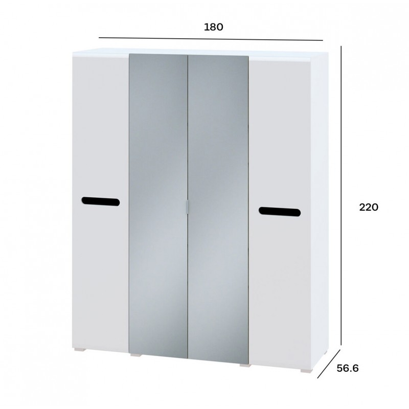 Шафа Світ Меблів Бянко 4-дверна з дзеркалом 180 см, Біла з чорною вставкою