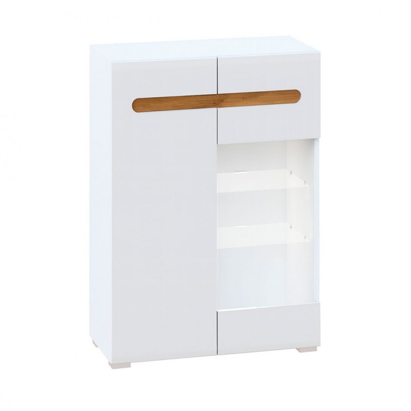 Комод Світ Меблів Бянко 2-дверний з вітриною 80 см Білий з вставкою дуб аппалачі