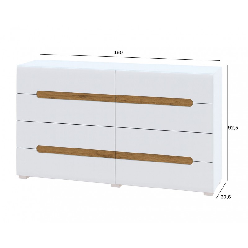 Комод Світ Меблів Бянко з 8 шухлядами 160 см Білий з вставкою дуб аппалачі