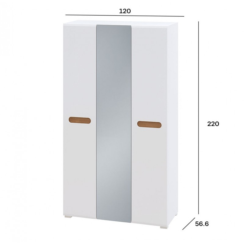 Шафа Світ Меблів Бянко 3-дверна з дзеркалом 120 см, Біла з вставкою дуб аппалачі