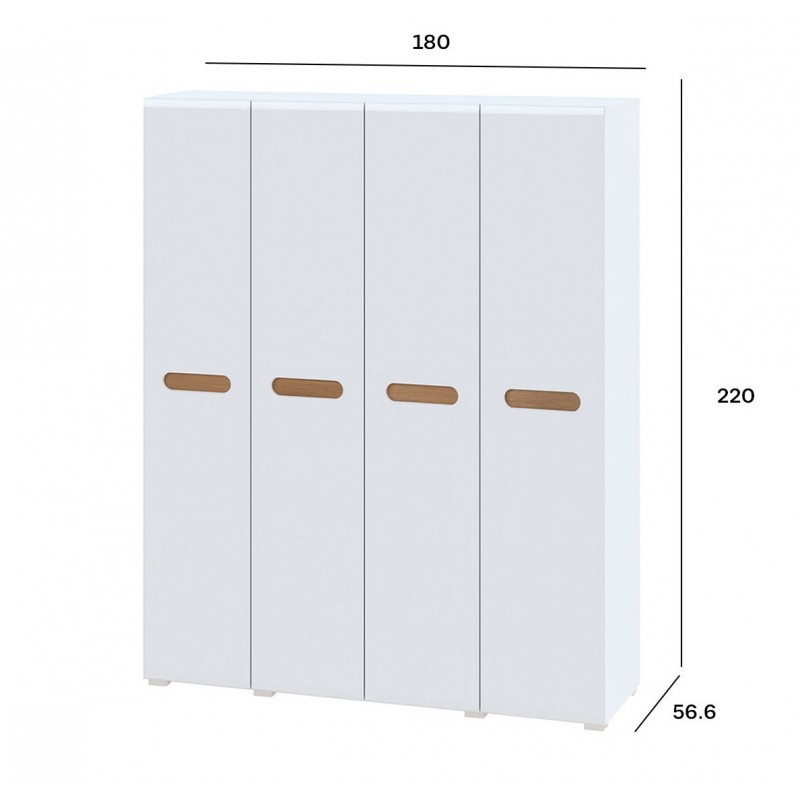 Шафа Світ Меблів Бянко 4-дверна 180 см, Біла з вставкою дуб аппалачі