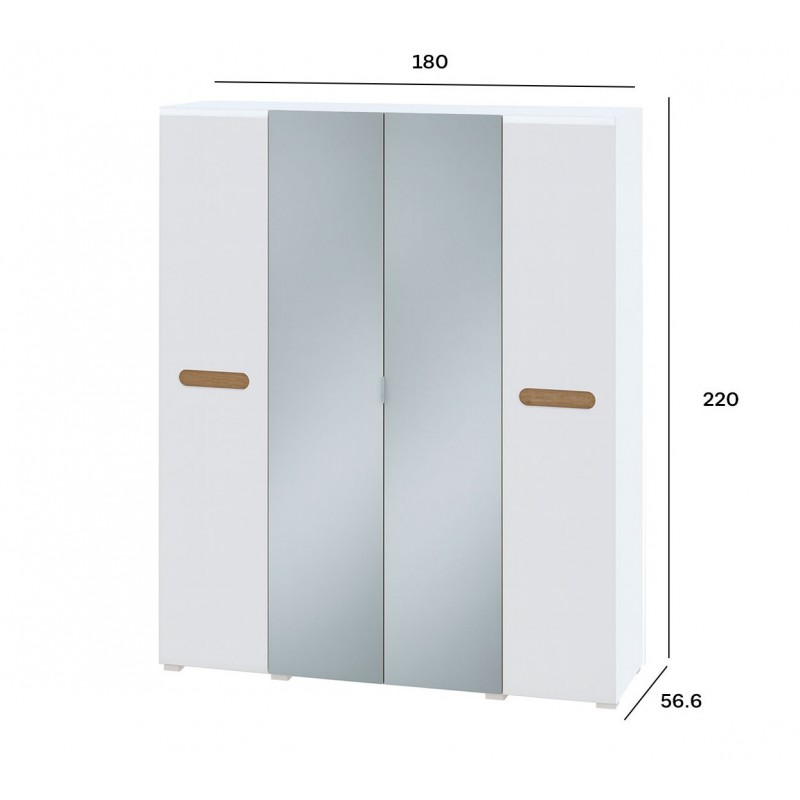 Шафа Світ Меблів Бянко 4-дверна з дзеркалом 180 см, Біла з вставкою дуб аппалачі