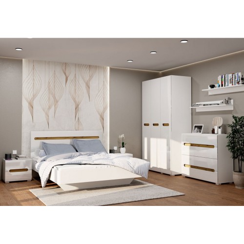 Спальня Світ Меблів Бянко з шафою 3-дверною та ліжком 160х200 см, Біла з вставкою дуб аппалачі