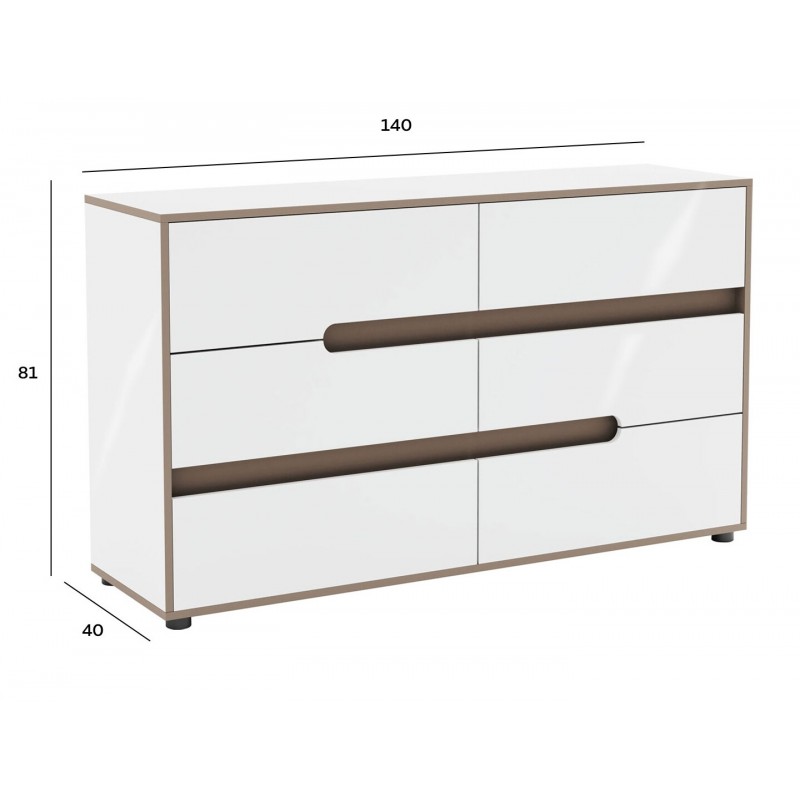 Комод Світ Меблів Лінда з 6 шухлядами 140 см, Німфеа Альба, лак, вставки тоффі