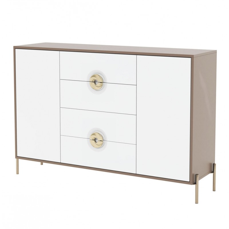 Комод Світ Меблів Фуріоза 2-дверний з 4 шухлядами 140 см, Глиняний сірий, лак / Білий шовк