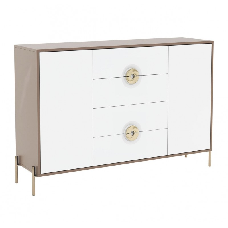 Комод Світ Меблів Фуріоза 2-дверний з 4 шухлядами 140 см, Глиняний сірий, лак / Білий шовк