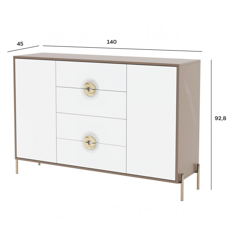 Комод Світ Меблів Фуріоза 2-дверний з 4 шухлядами 140 см, Глиняний сірий, лак / Білий шовк