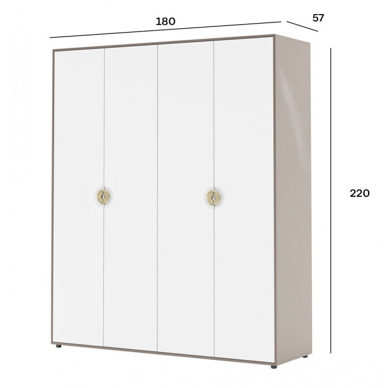 Шафа Світ Меблів Фуріоза 4-дверна 180 см, Глиняний сірий, лак / Білий шовк