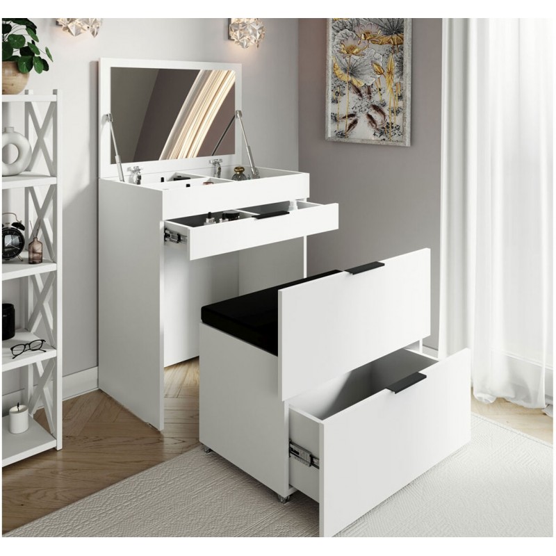 Туалетний столик Світ Меблів Лола з шухлядами, підйомним дзеркалом та висувною банкеткою на колесах 70 см, Німфеа альба