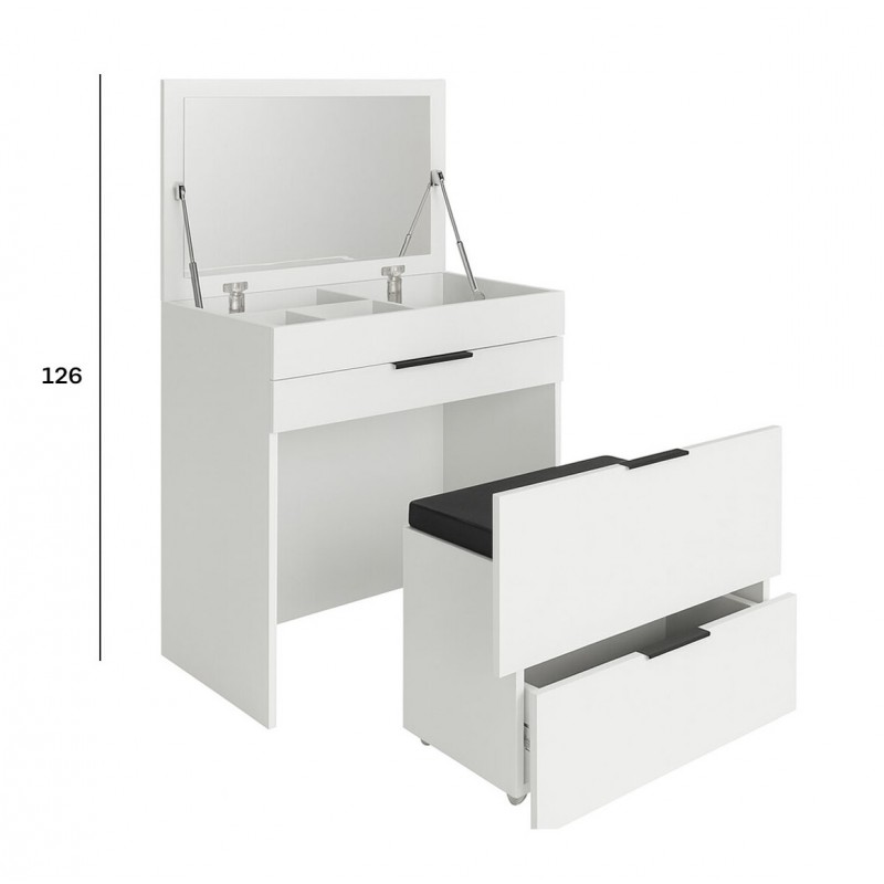 Туалетний столик Світ Меблів Лола з шухлядами, підйомним дзеркалом та висувною банкеткою на колесах 70 см, Німфеа альба