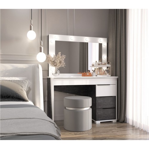 Туалетний столик Світ Меблів Тоня з шухлядами та дзеркалом з підсвіткою 110 см, Німфеа альба / бетон темний