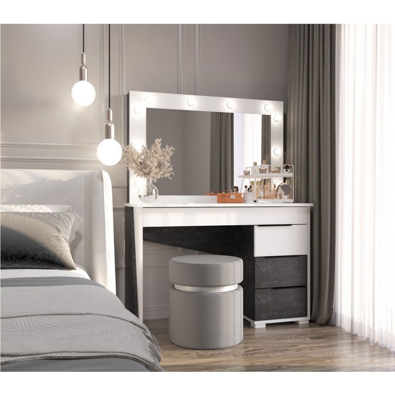 Туалетний столик Світ Меблів Тоня з шухлядами та дзеркалом з підсвіткою 110 см, Німфеа альба / бетон темний