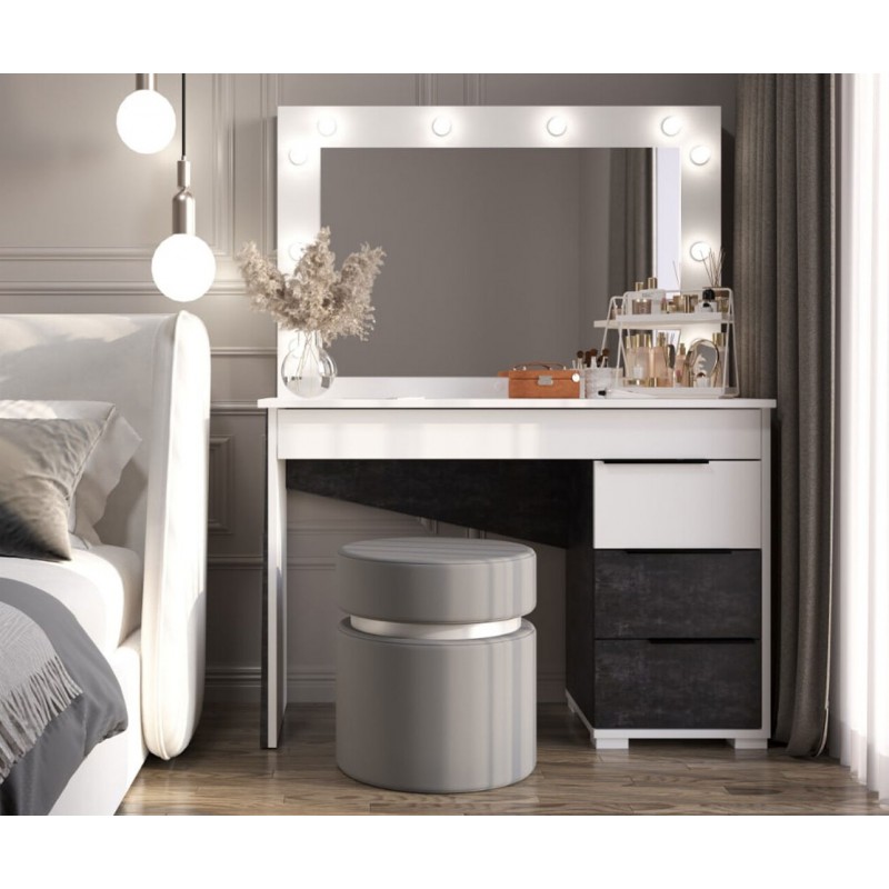Туалетний столик Світ Меблів Тоня з шухлядами та дзеркалом з підсвіткою 110 см, Німфеа альба / бетон темний