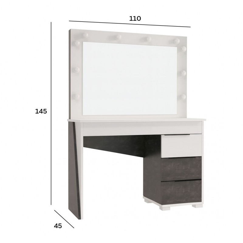 Туалетний столик Світ Меблів Тоня з шухлядами та дзеркалом з підсвіткою 110 см, Німфеа альба / бетон темний