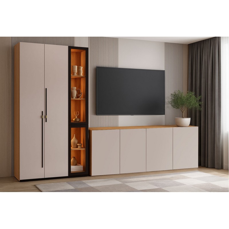 Стінка у вітальню Світ Меблів Спейс з вітриною та комодами 280 см, кашемір