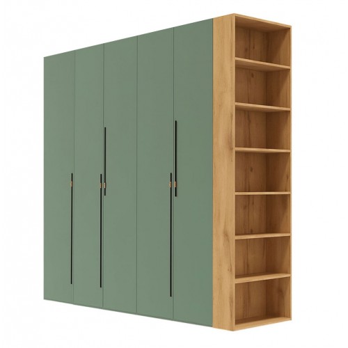 Шафа Світ Меблів Спейс п'ятидверна з боковими полицями 220х220х57 см, дуб аппалачі / зелений димчастий