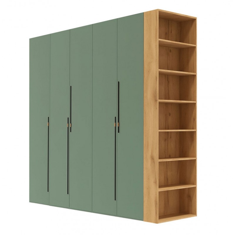 Шафа Світ Меблів Спейс п'ятидверна з боковими полицями 220х220х57 см, дуб аппалачі / зелений димчастий