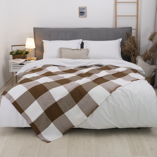 Покривало жакардове клітчате Коричневе 150х210